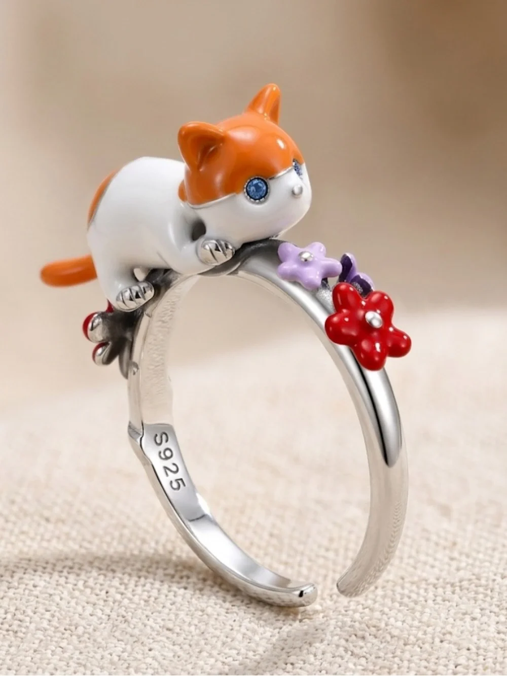 Sterling Silver Cat Ring with Orange and White Enamel